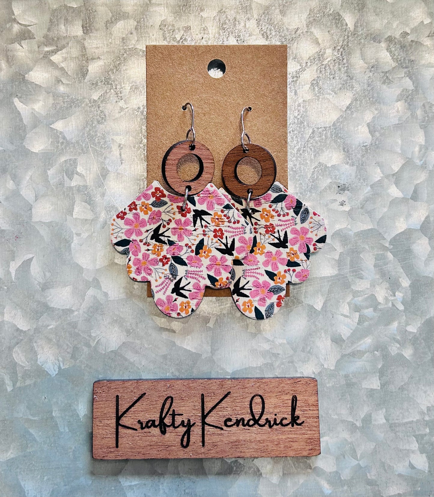 Pink Floral print with circular wooden connector dangle earrings