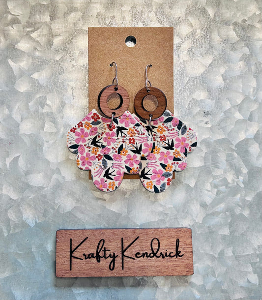 Pink Floral print with circular wooden connector dangle earrings
