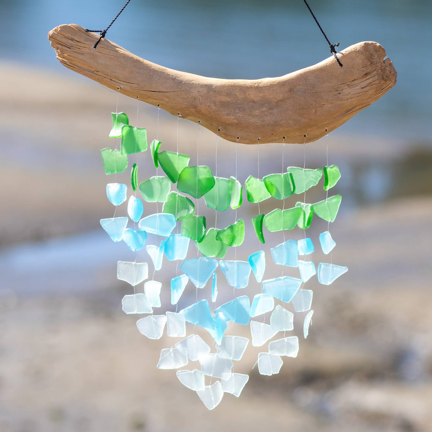 Driftwood & Upcycled Glass Chime - Aqua, Turquoise, Green