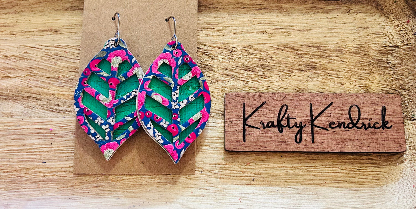 Blue & Pink floral pattern with green second layer Dangle Earrings