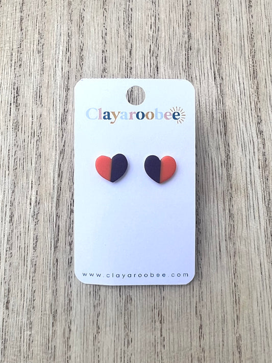 Purple & Orange Divided Heart Stud Earrings