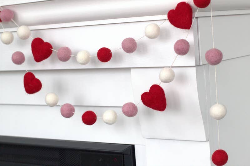 Valentine's Day Garland- Red Pink White- Felt Balls & Hearts