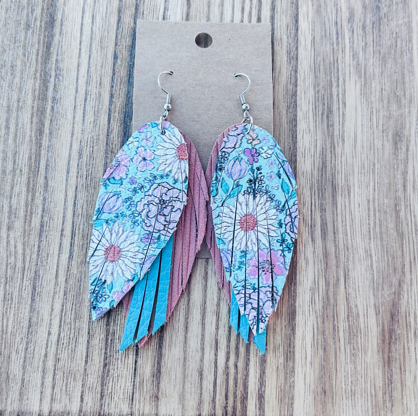 Floral Pattern Fringe Leaf Layered Long Dangle Earrings