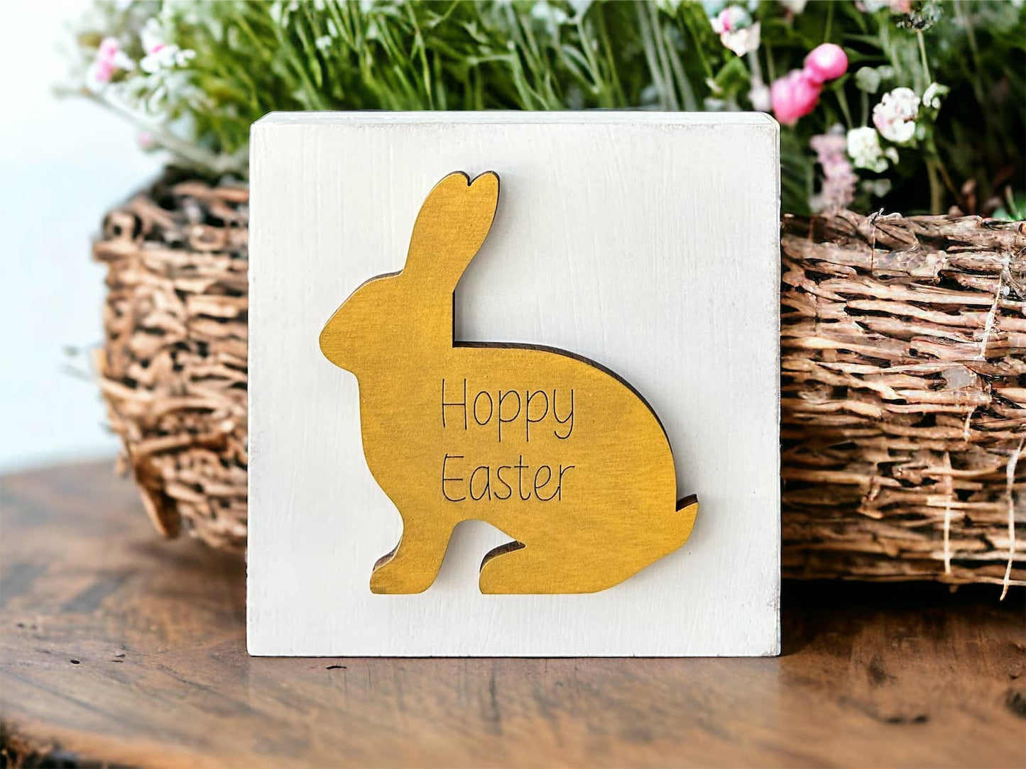 Rustic/Farmhouse “Hoppy Easter” Engraved Bunny Wood Block