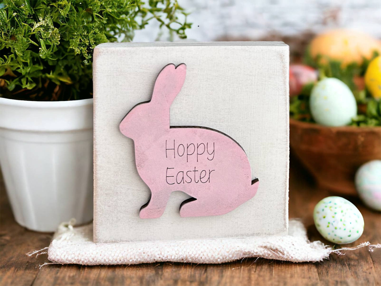 Rustic/Farmhouse “Hoppy Easter” Engraved Bunny Wood Block
