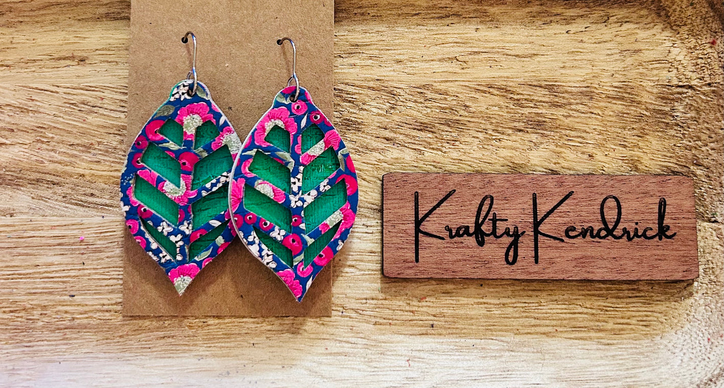 Blue & Pink floral pattern with green second layer Dangle Earrings