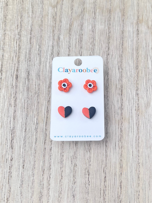 Orange & Black Flower & Heart Stud Pack Earrings