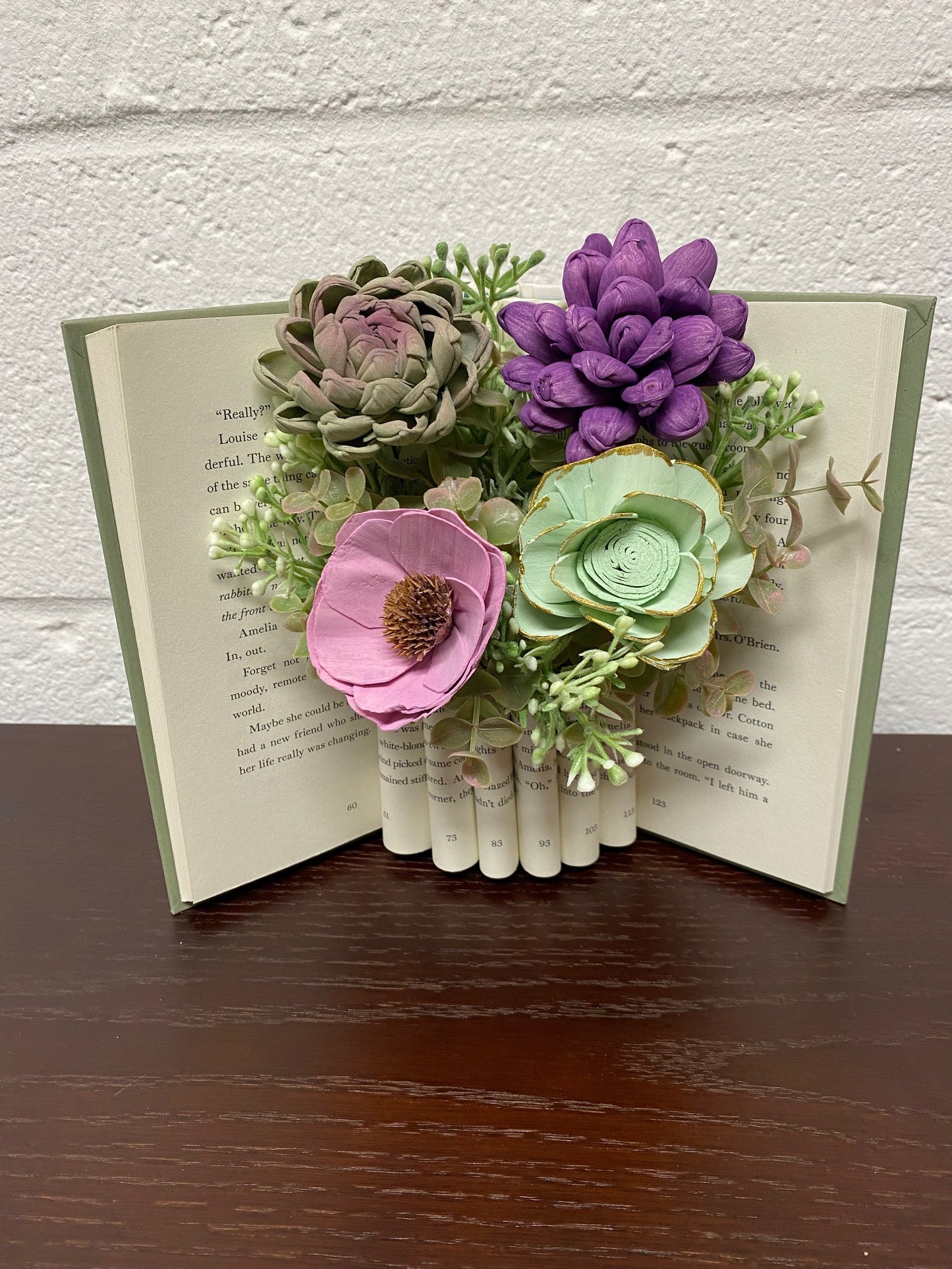 Purple & Green Wood Flower Book Arrangement
