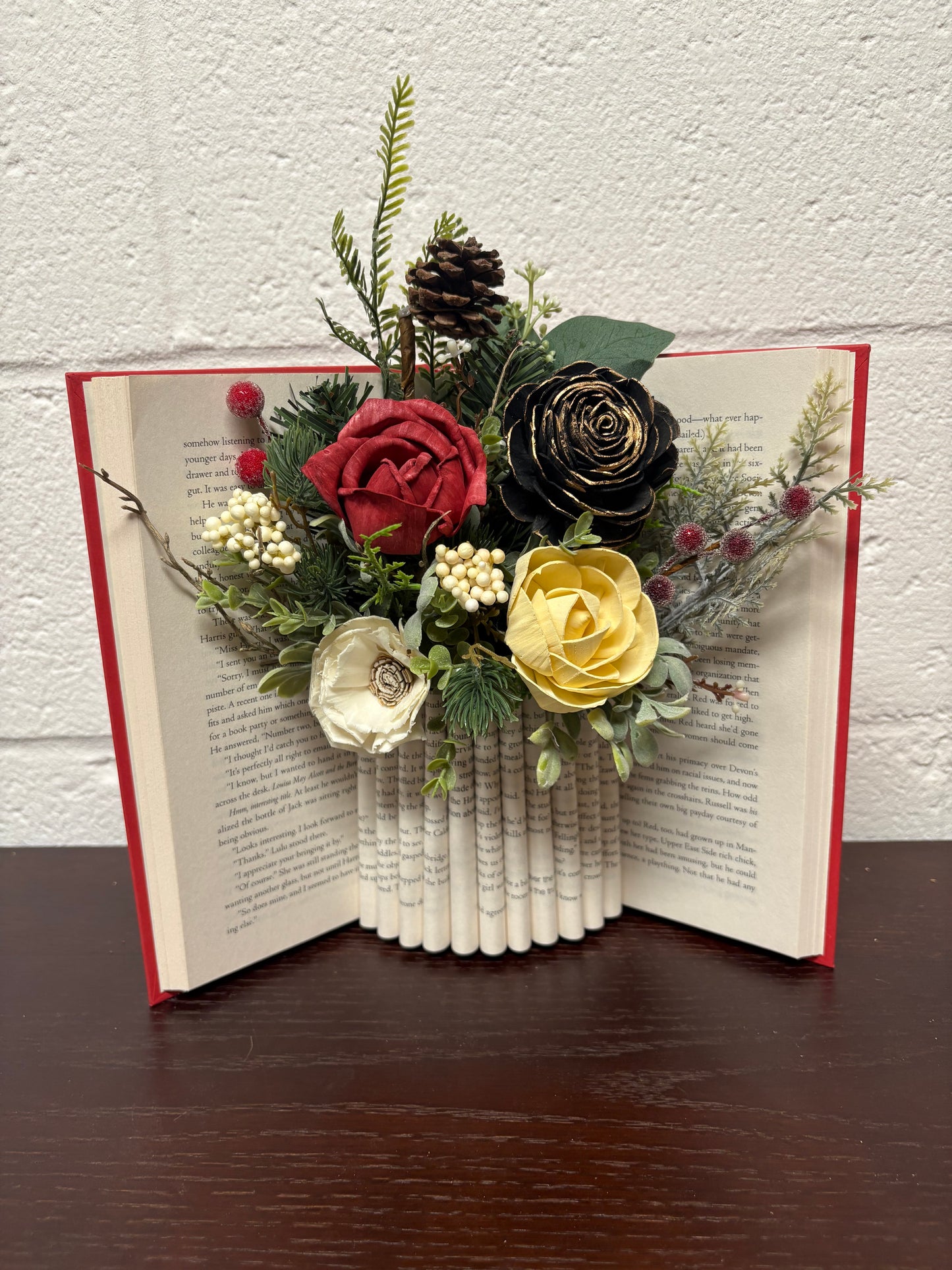 Holiday Flower Book Arrangement (Red, Black, and Cream)
