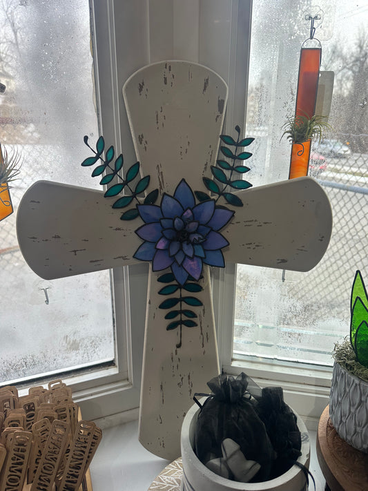 18 inch cross with blue iridescent flower