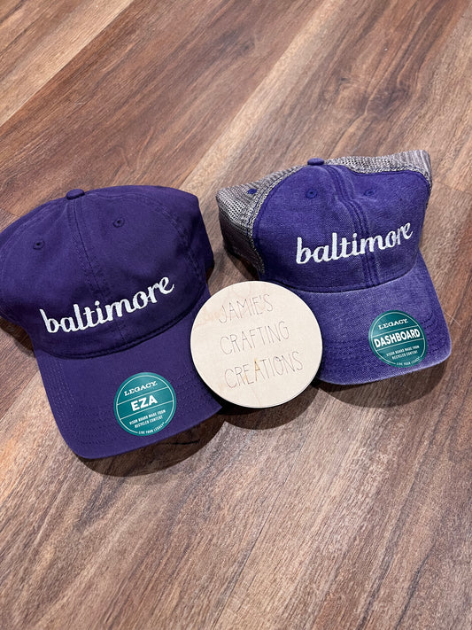 purple baltimore hat, embroidered