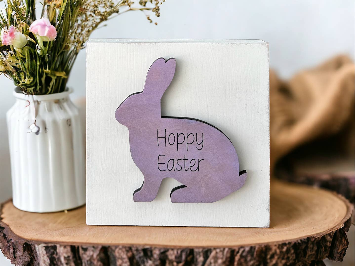 Rustic/Farmhouse “Hoppy Easter” Engraved Bunny Wood Block