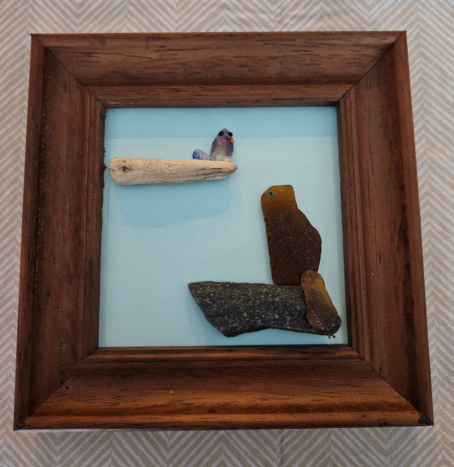 Sea Glass Brown Cat and Bluebird