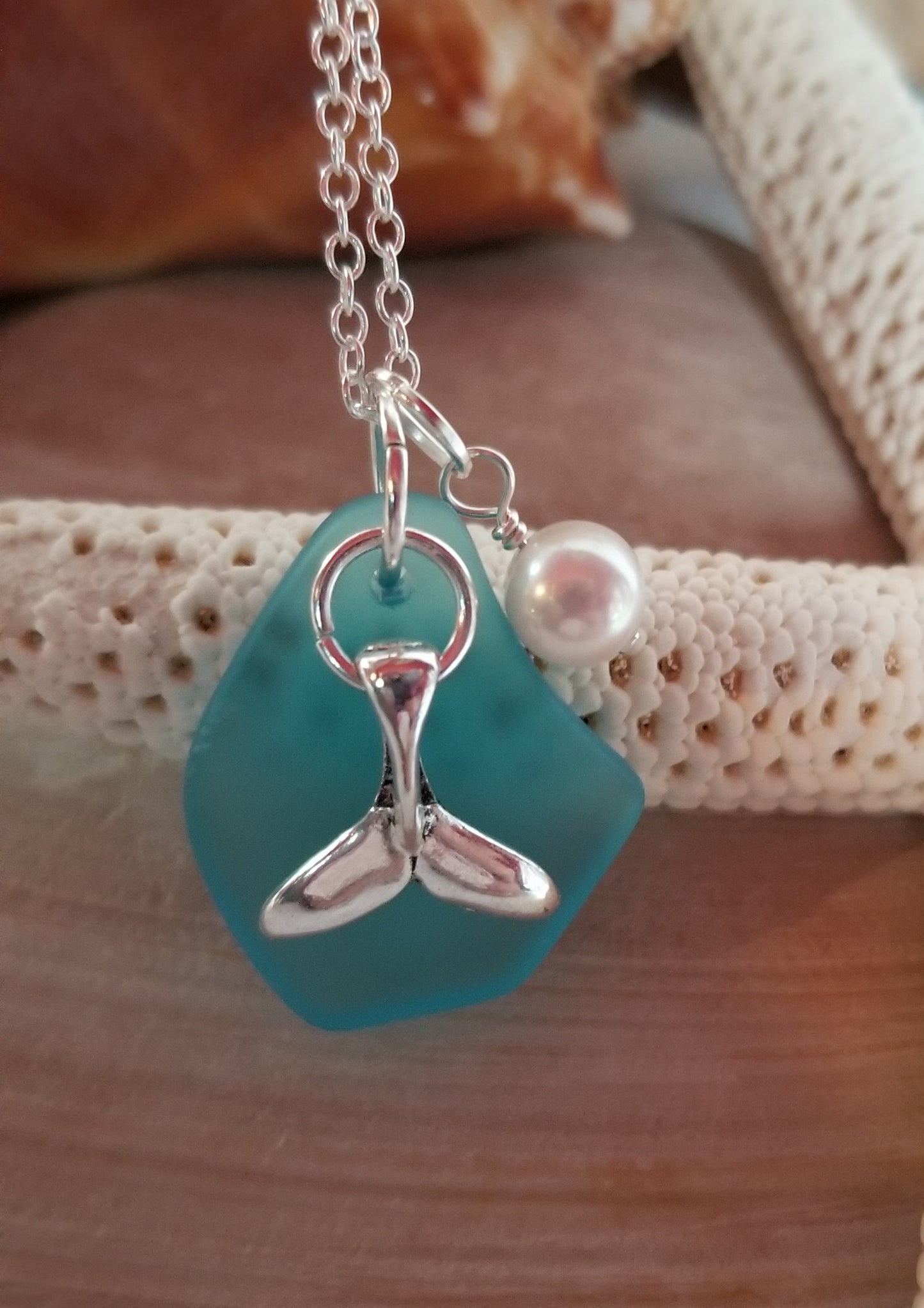 sea glass, charm and pearl necklace