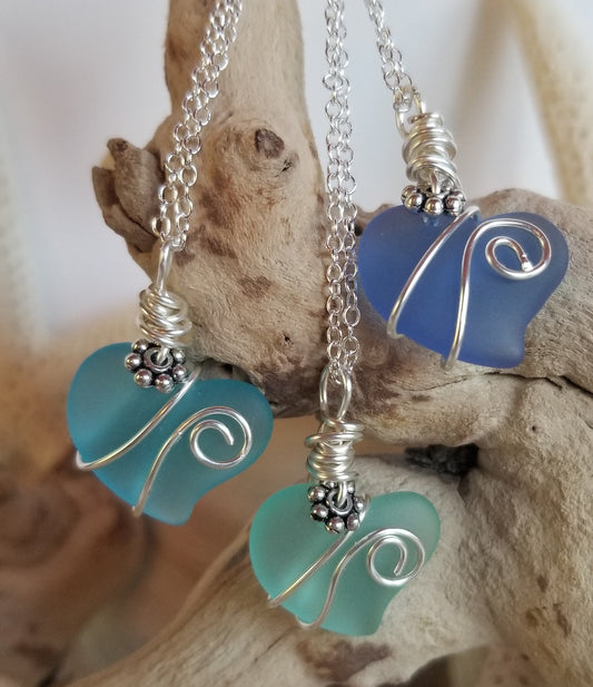 Wrapped sea glass heart pendant