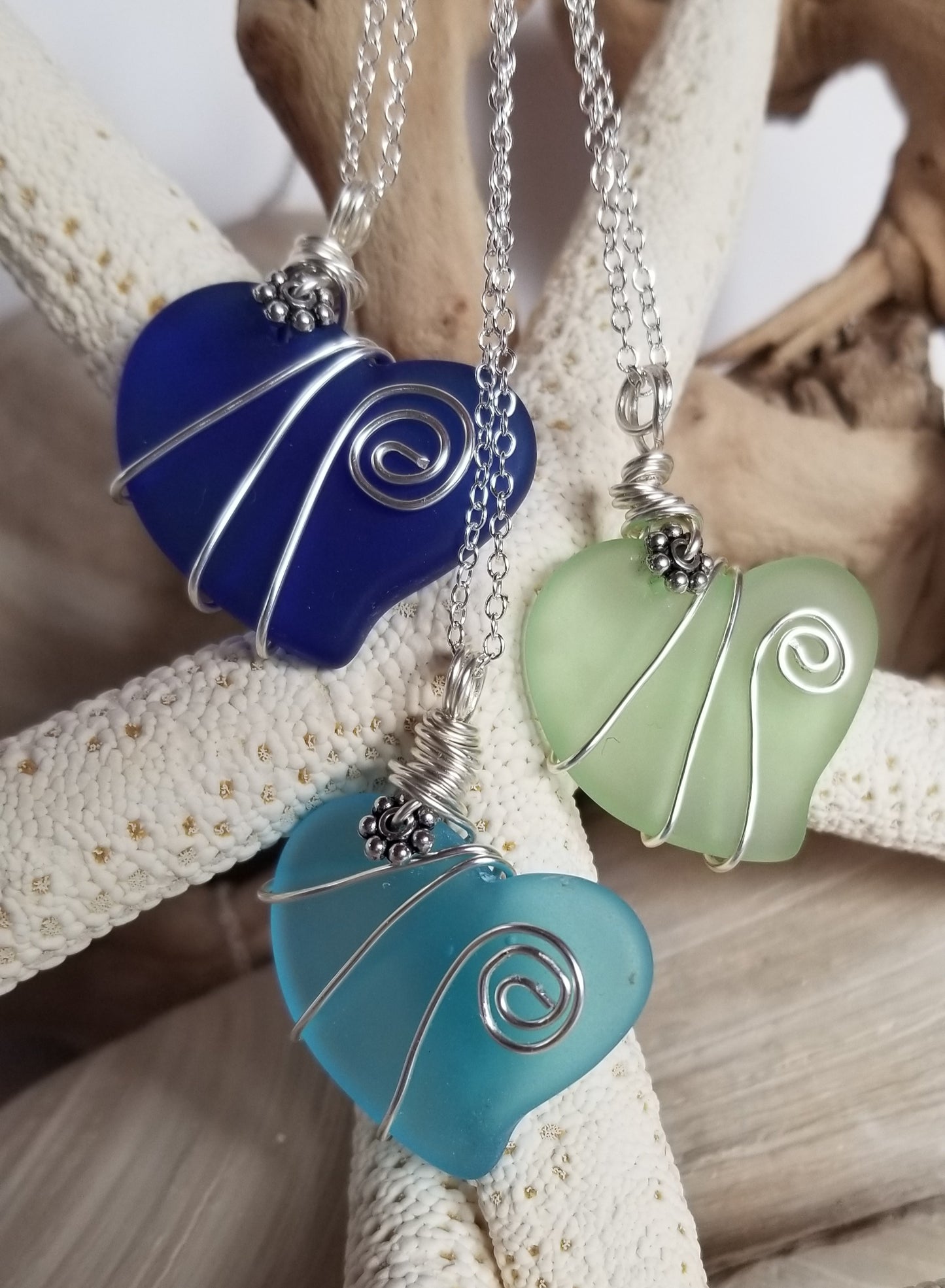 Large sea glass wire wrapped hearts