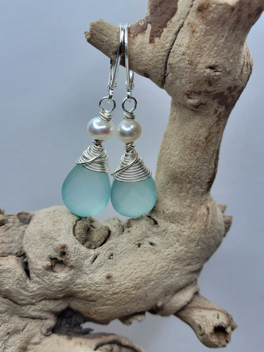 light sea foam chalcedony and pearl drop earrings