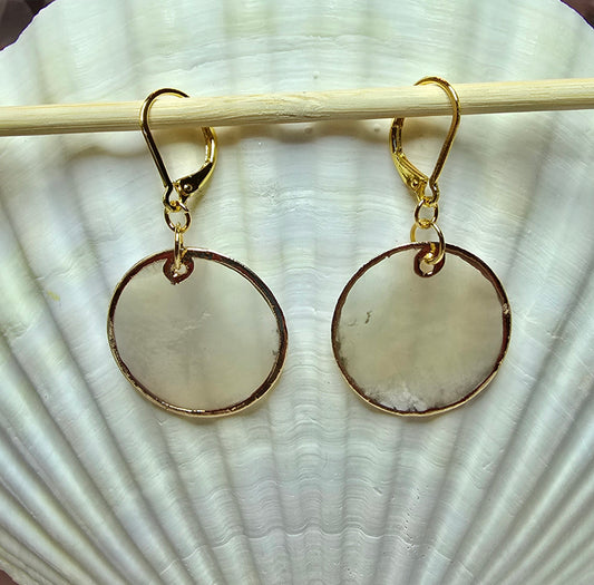 Small gold trimmed capiz shell earrings