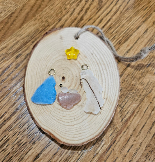 Wooden "Slab" Sea Glass Nativity Ornament