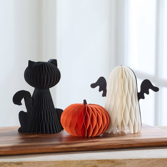 Honeycomb Pumpkin Autumn Shelf Sitter, Halloween Table, Cat