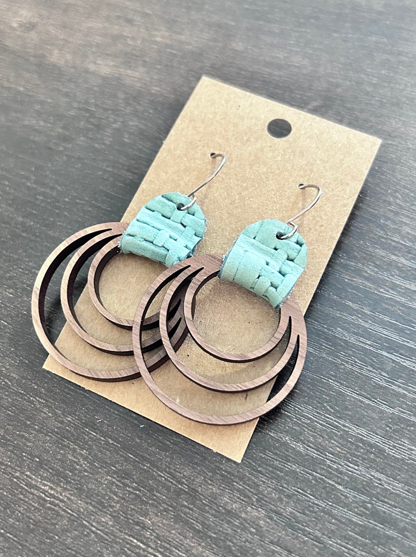 Wooden Hoop Earrings with Blue