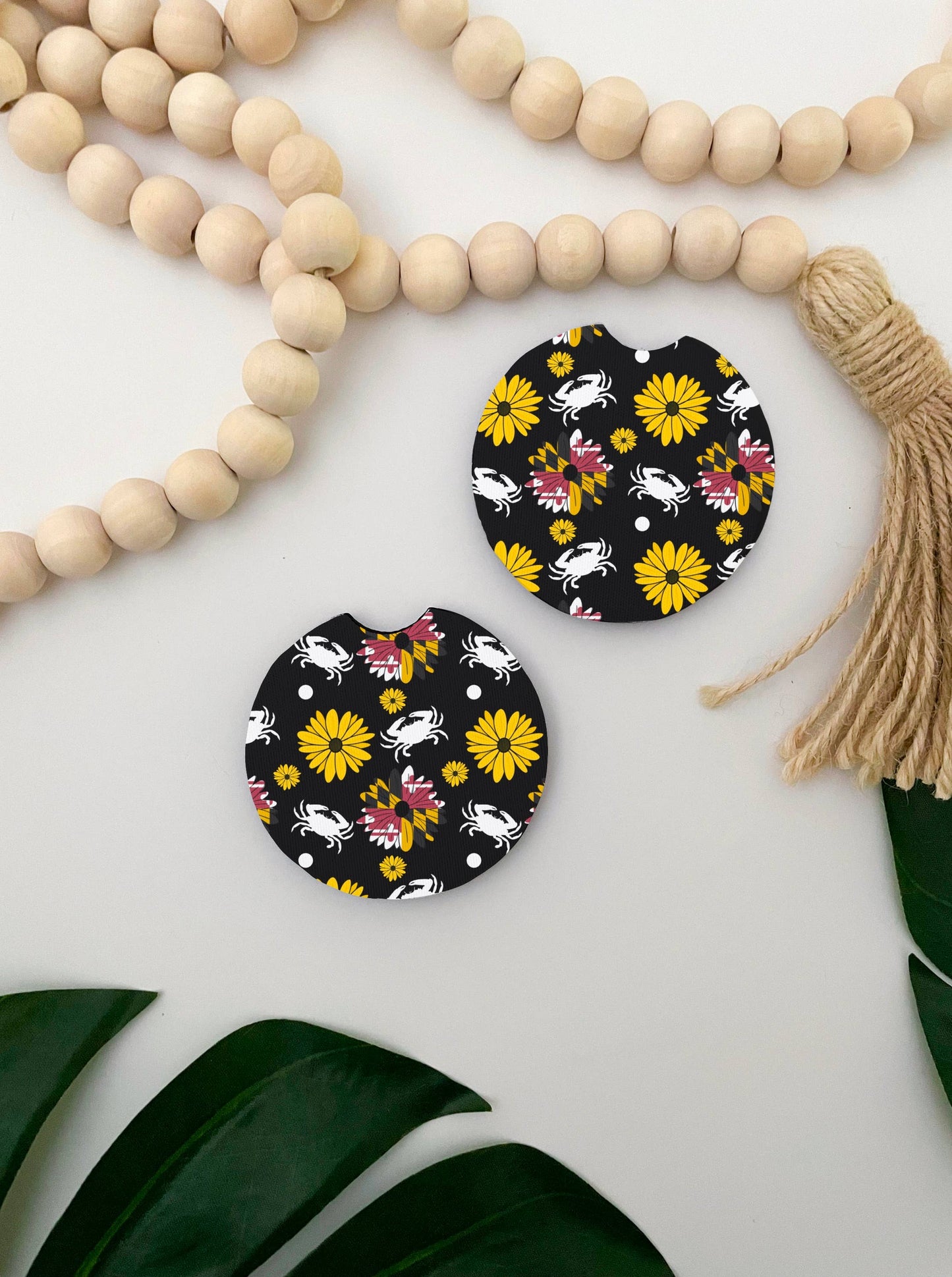 Black Maryland Flower Crab Print Car Coasters