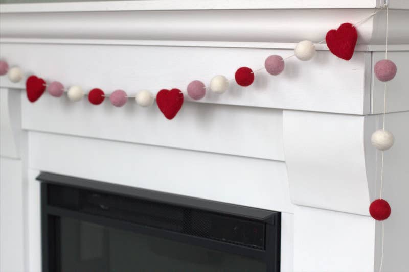 Valentine's Day Garland- Red Pink White- Felt Balls & Hearts