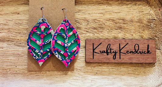 Blue & Pink floral pattern with green second layer Dangle Earrings