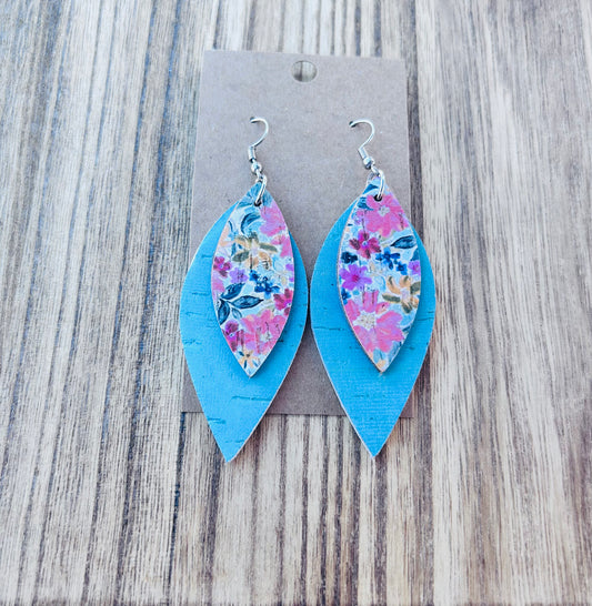 Floral Pattern with Blue Layered Dangle Earrings