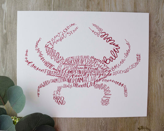 Hand Lettered Maryland Crab 8x10 Art Print