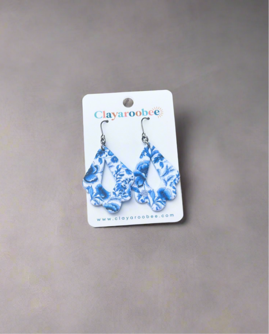 Scalloped Blue Floral Teardrop Dangle Earrings