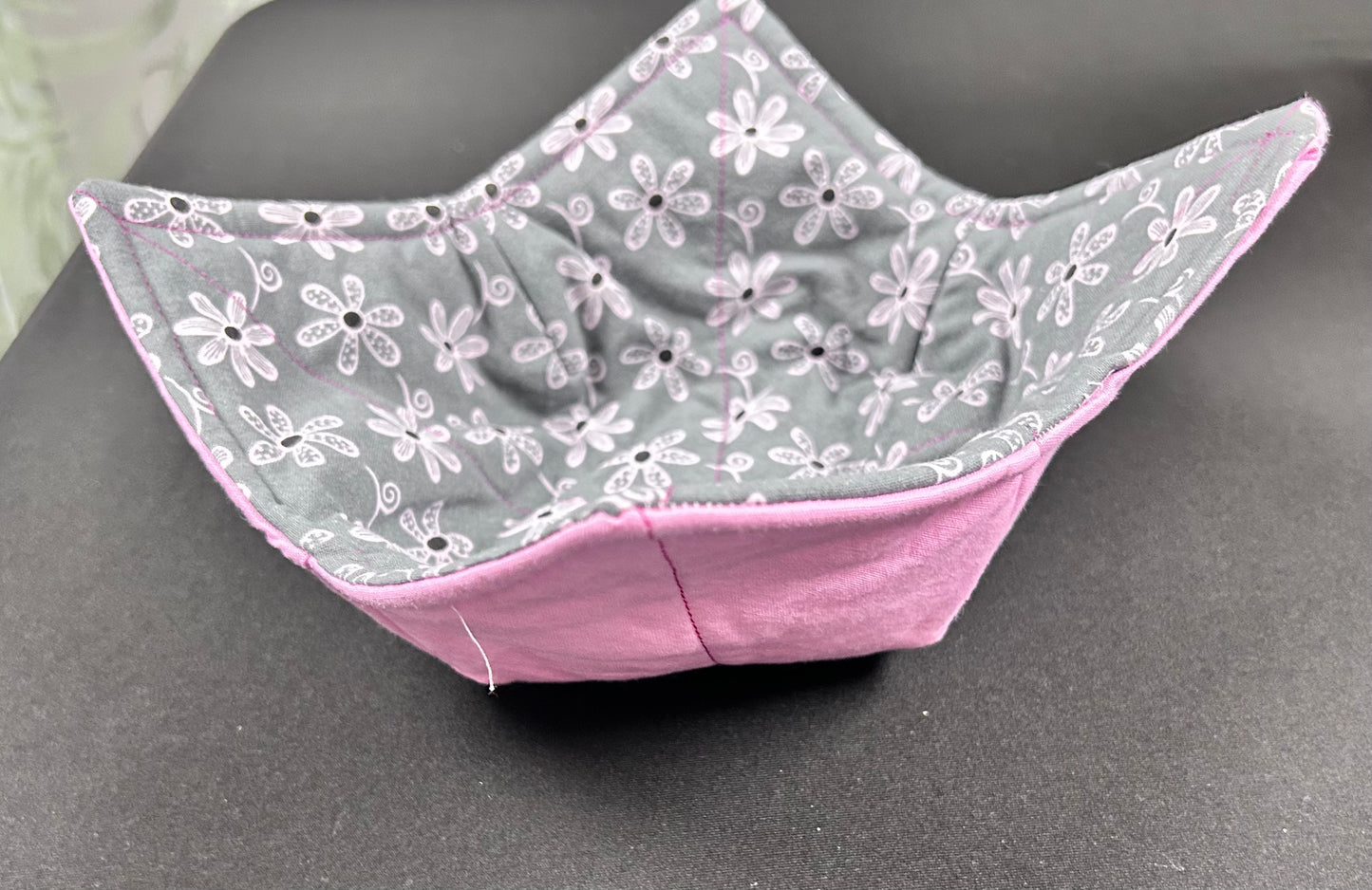 Gray with pink flowers Soup bowl koozie