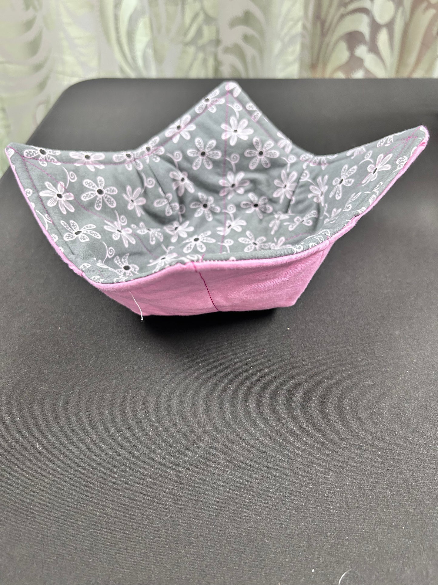 Gray with pink flowers Soup bowl koozie
