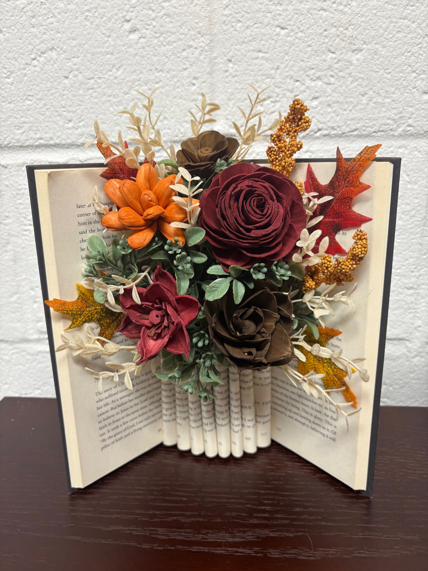 Fall Wood Flower Book Arrangement (Burgundy, Brown, and Orange)