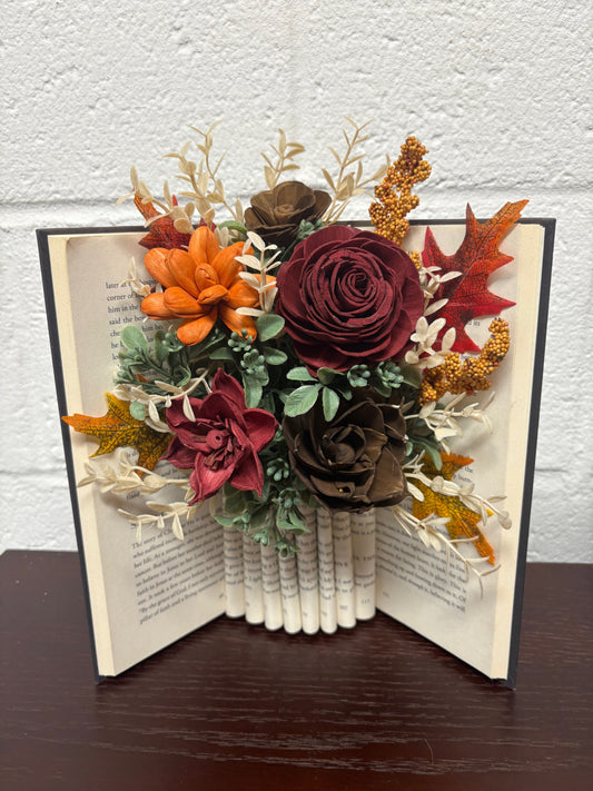 Fall Wood Flower Book Arrangement (Burgundy, Brown, and Orange)