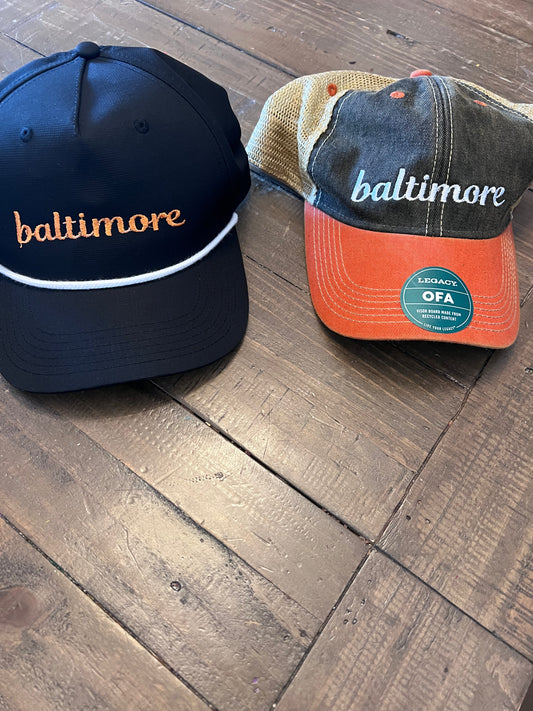 orange baltimore baseball hat, embroidered