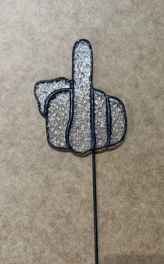 Middle finger stained glass plant stake