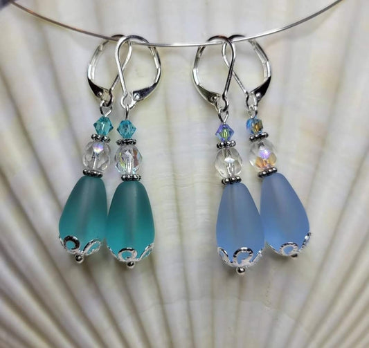 Sea glass and crystal drop earrings