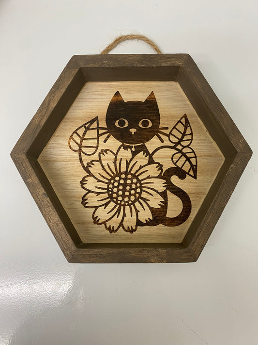 Cat with Sunflower Wood Burn