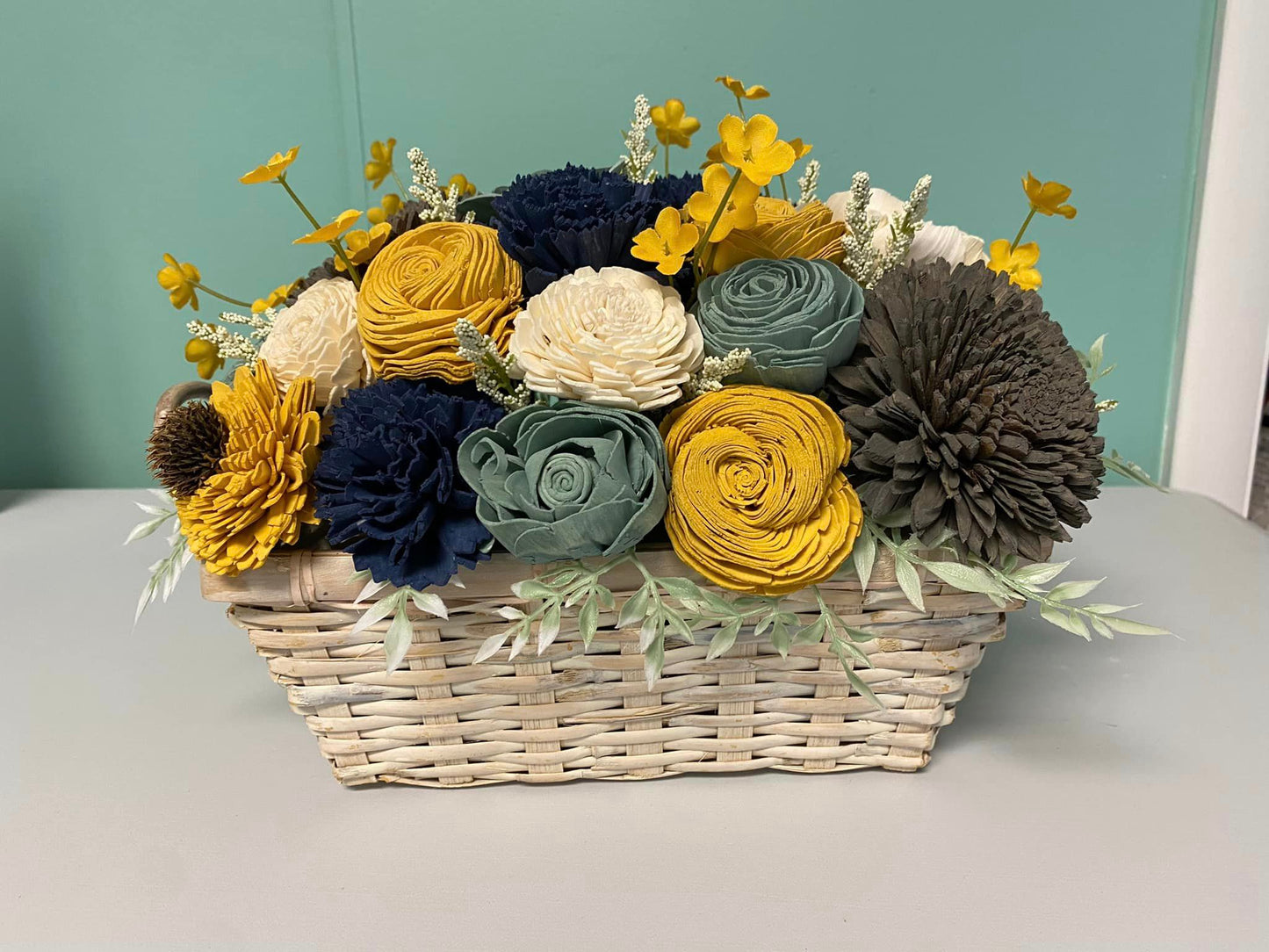 Wood Floral Arrangement- Yellow, Blue, Gray in White Rectangle Basket