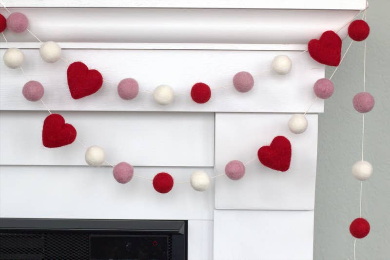 Valentine's Day Garland- Red Pink White- Felt Balls & Hearts