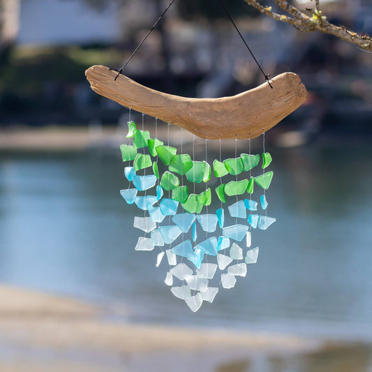 Driftwood & Upcycled Glass Chime - Aqua, Turquoise, Green
