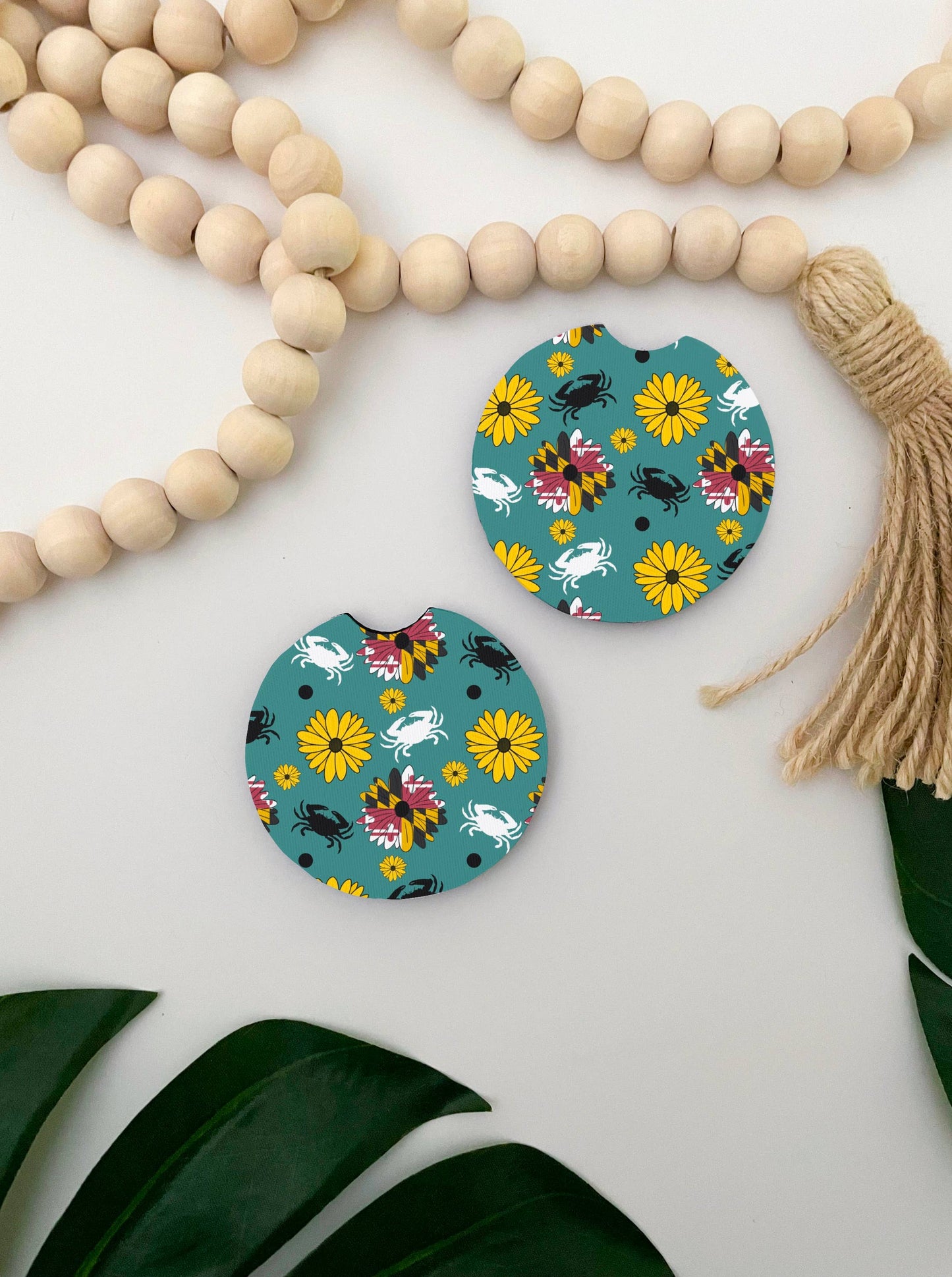 Teal Maryland Flower Crab Print Car Coasters