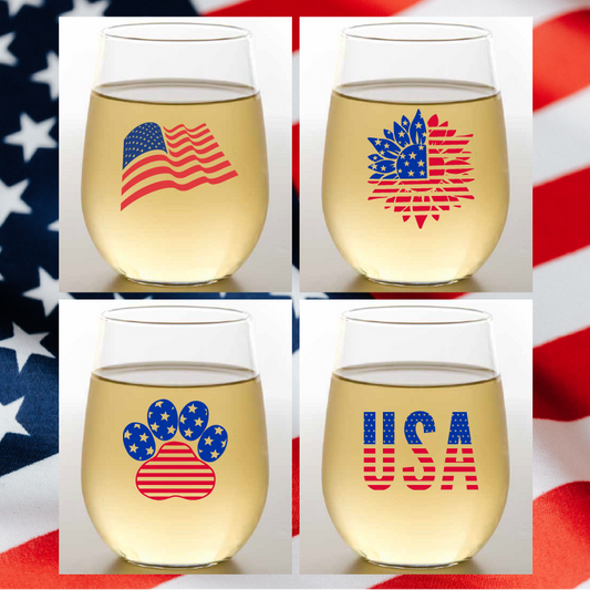 RED, WHITE AND BLUE Shatterproof Stemless Wine Glasses