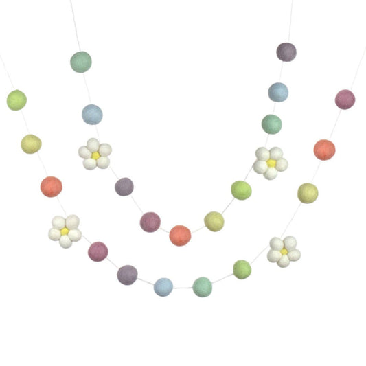 Spring Easter Garland- Daisies & Pastel Color Felt Bals