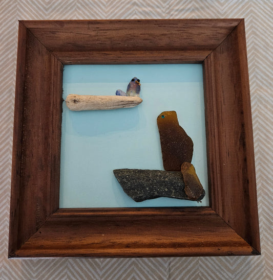Sea Glass Brown Cat and Bluebird