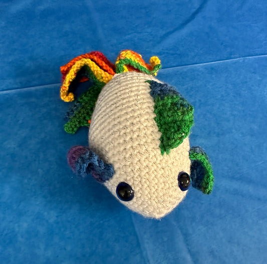 Crocheted White fish with rainbow tail and Fin